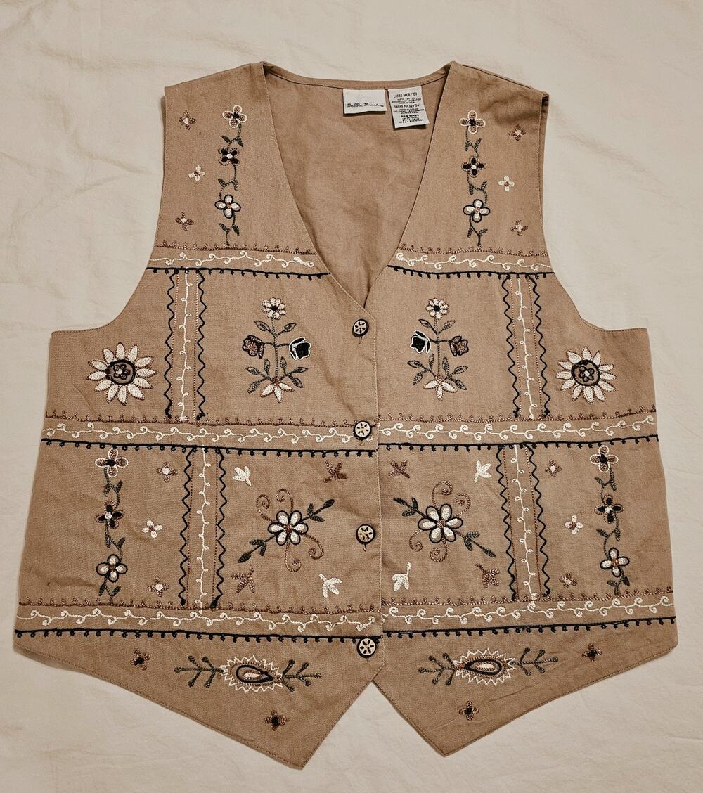 Vintage Bobbie Brooks Floral Embroidered Vest MED Cotton Boho Prairie Folk 90s